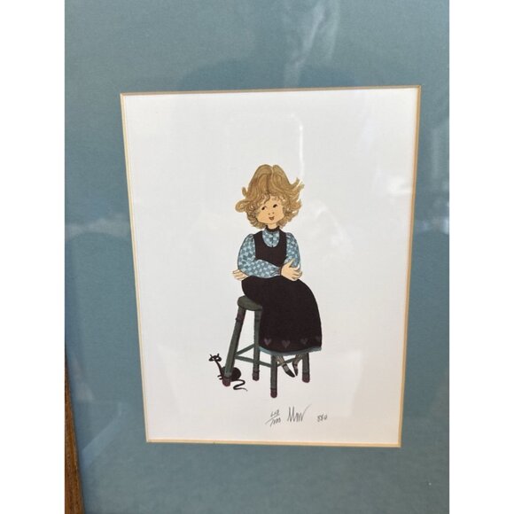 P Buckley Moss Print Girl On Stool W/ Cat Signed Matted & Framed 650/1000 1988 - Picture 5 of 6